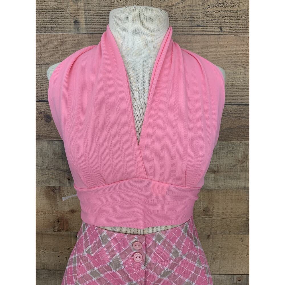 Vintage 1960s 1970s Mod Hippie Pink Tie Back Halter Top Sz S